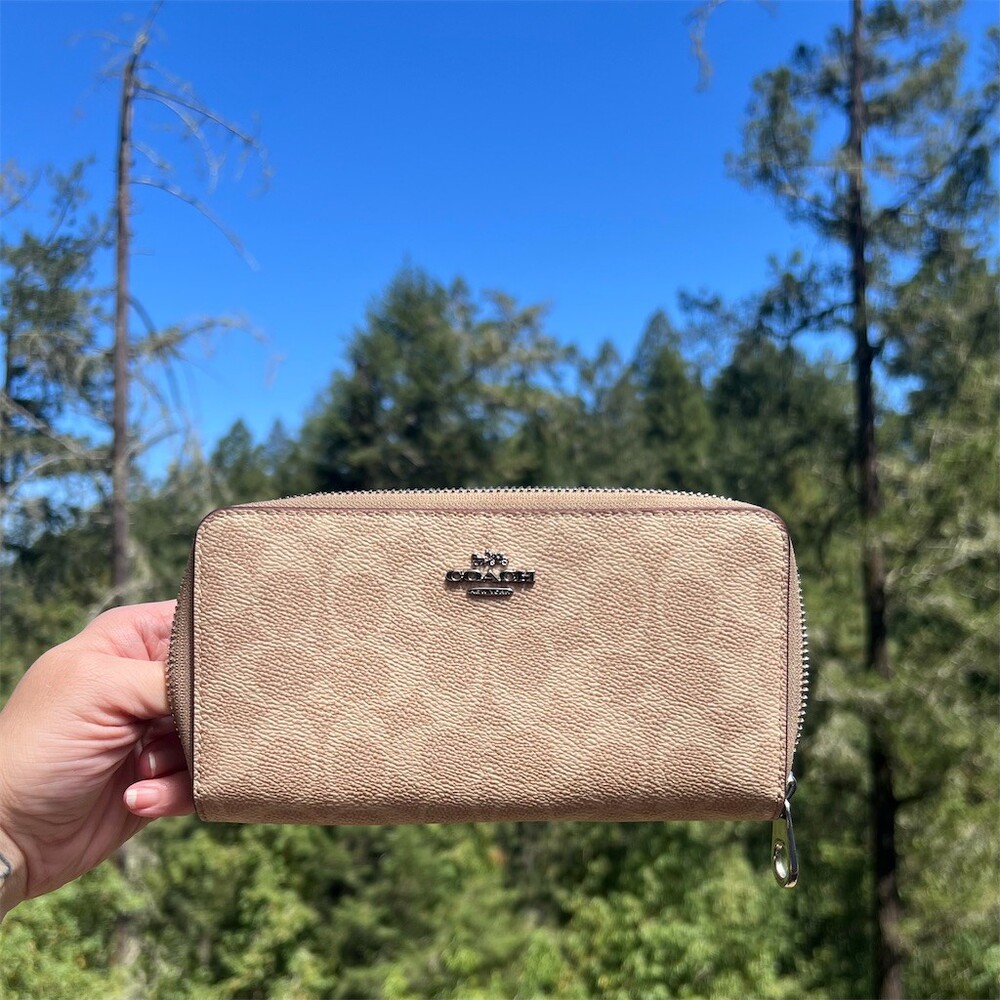 COACH Long Zip-Around Signature Beige/Tan Wallet Silver Hardware AUTHENTIC